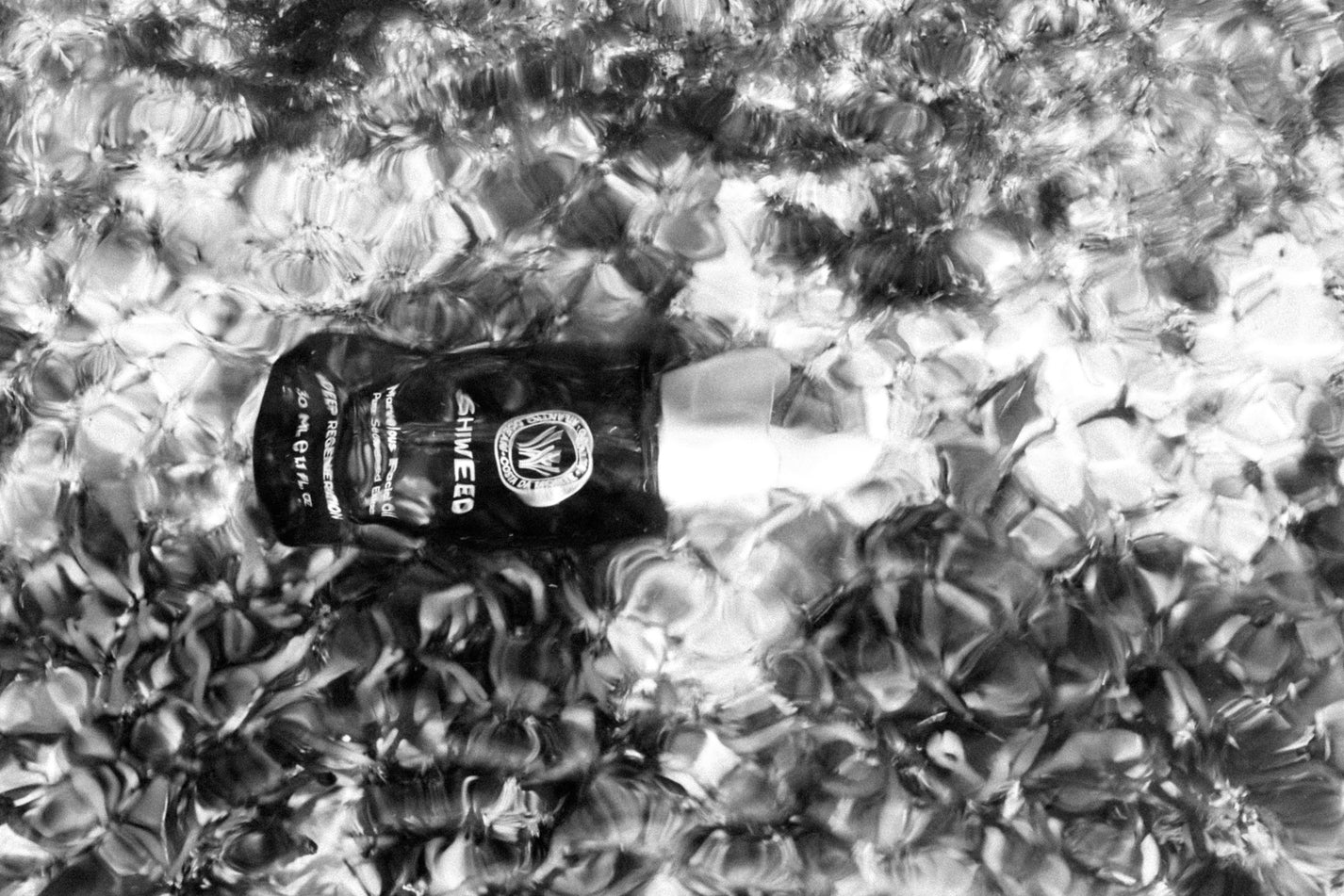 Blanco y negro. Frasco de Shiweed, Marvelous Oil en el el mar de la Costa da Morte